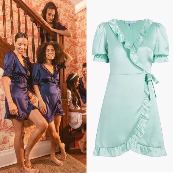 Hill House the Nima Silk Wrap Mini Dress in Mint size L - Picture 4 of 12